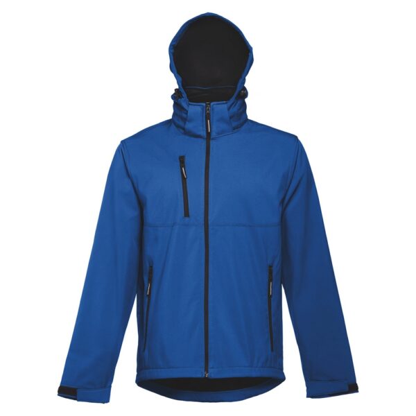 THC ZAGREB. Men's softshell jacket with detachable hood and rounded back hem