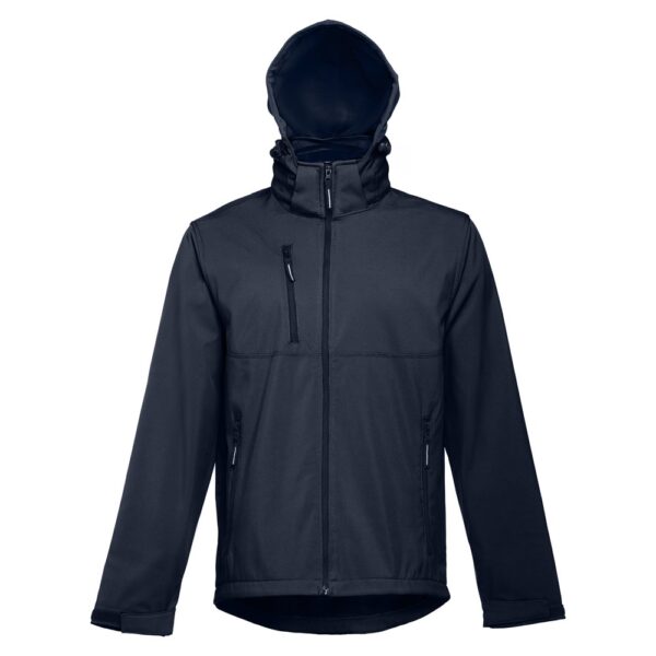 THC ZAGREB. Men's softshell jacket with detachable hood and rounded back hem