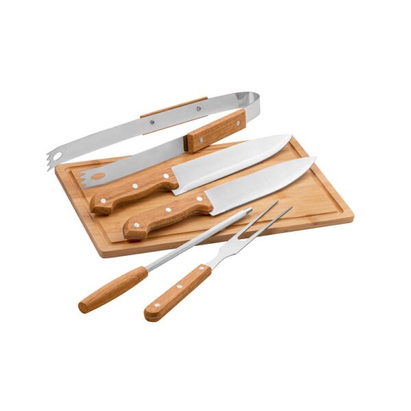 FLARE. Five-piece wooden and stainless steel barbecue set with bamboo board