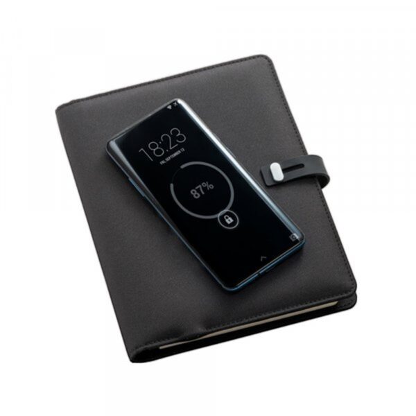 EMERGE A5 FOLDER. A5 folder in 300D recycled polyester (100% rPET) with wireless charger