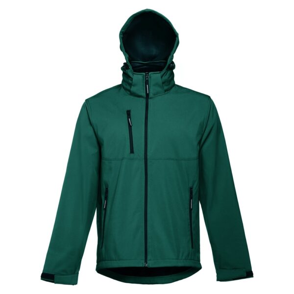 THC ZAGREB. Men's softshell jacket with detachable hood and rounded back hem