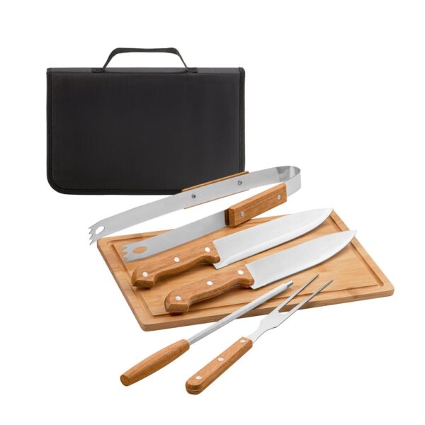 54142_set FLARE. Five-piece wooden and stainless steel barbecue set with bamboo board