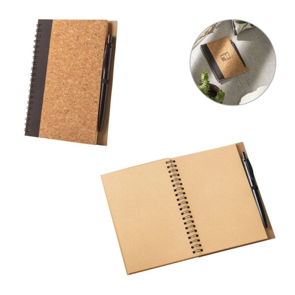 VICENTE. B6 notebook in cork and recycled polyester (100% rPET) with ballpoint pen