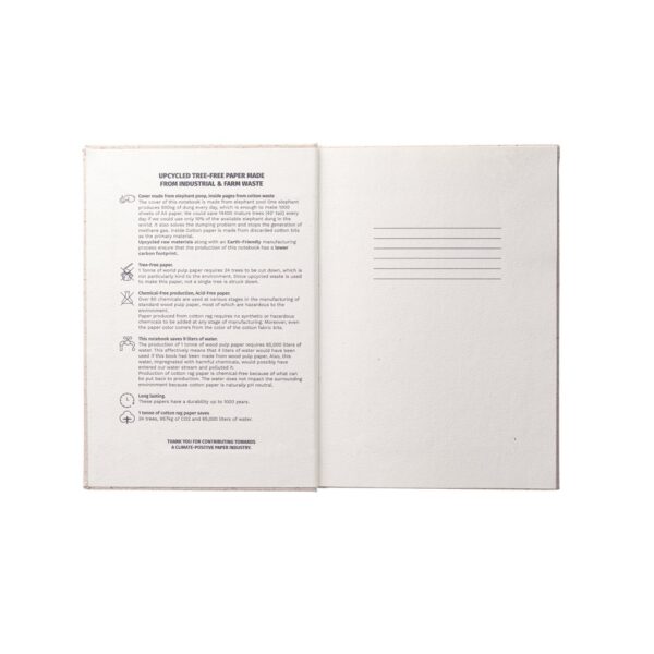 ORGANIC RIGID. A5 notepad with hard cover made from organic elephant matter (80%)