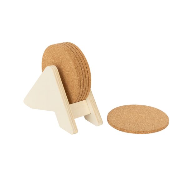 PLYCORK. Plywood stand with 6 cork coasters