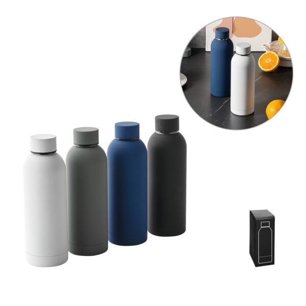 94603_set ODIN. Double wall vacuum stainless steel (36% recycled) bottle with rubber coating 550 mL