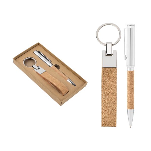 95106_set EVANS. Set consisting of a ballpoint and key ring, both in metal and cork