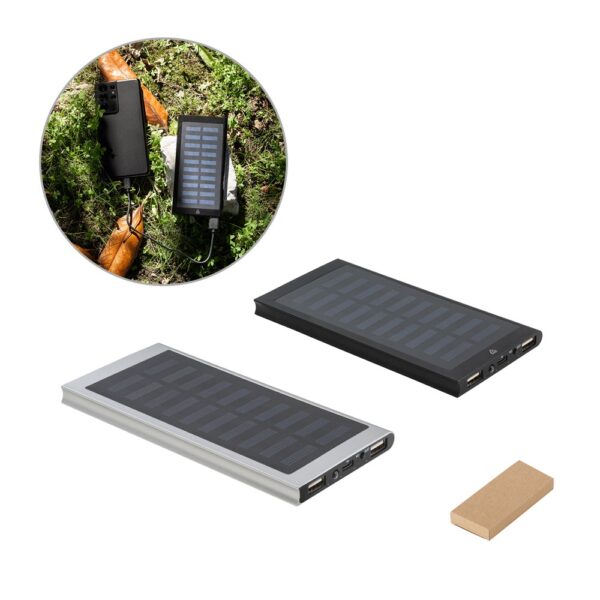 97137_set CLERK. 8.000 mAh power bank with solar panel in 100% recycled aluminium