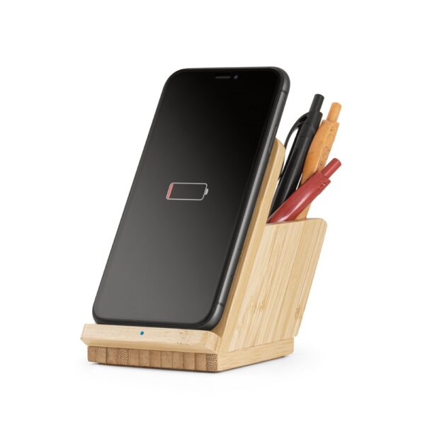 LEAVITT. Smartphone holder and ballpoint holder with 10W fast wireless charger in bamboo