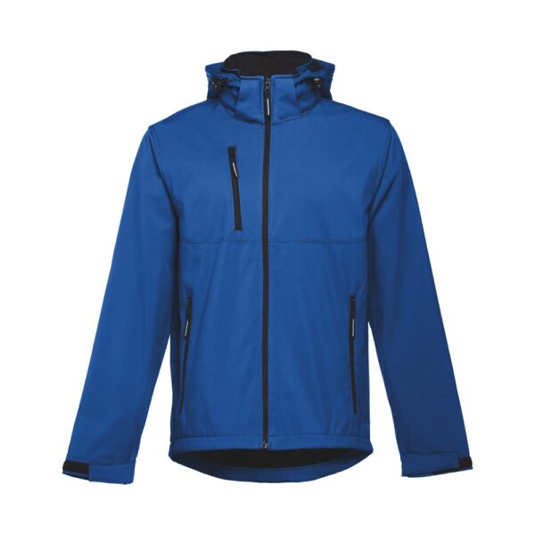 THC ZAGREB. Men's softshell jacket with detachable hood and rounded back hem