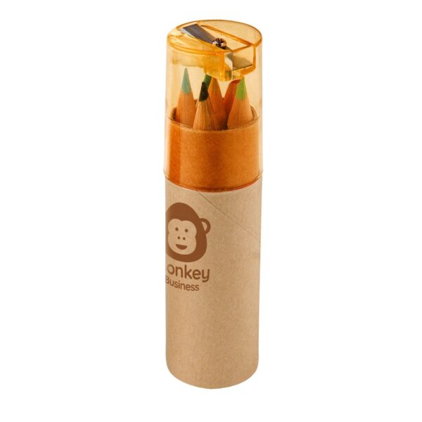 91751_128-logo ROLS. Pencil box tube with 6 coloured pencils and sharpener