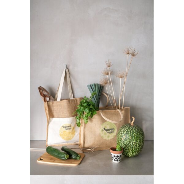 92823_amb BRAGA. Jute bag (240 g/m²) with pocket in 100% cotton (140 g/m²)