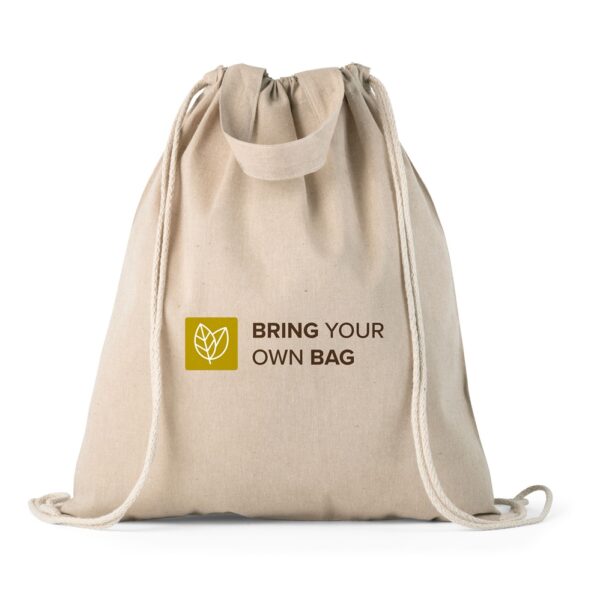 92936_160-logo RISSANI. Drawstring bag with recycled cotton (70%) and polyester (30% rPET) (140 g/m²)