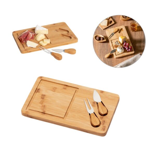 93830_set WOODS. Bamboo cheese board with 2 bamboo and stainless steel accessories