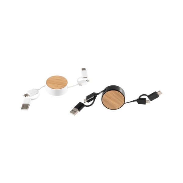 97091_a RUBINS. 6-in-1 retractable USB cable in recycled ABS (100% rABS) and bamboo