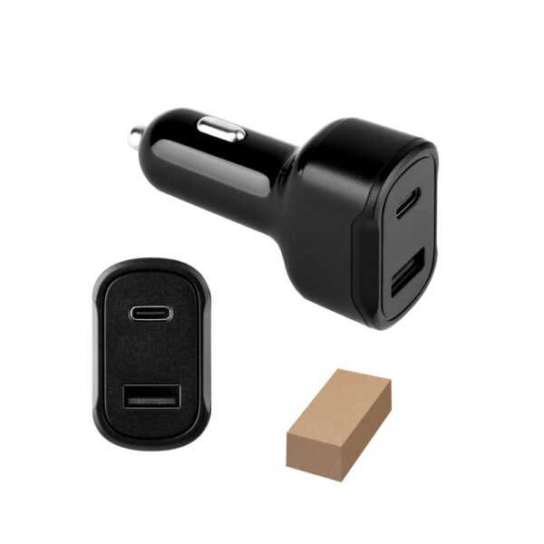 DIRAC. Cigarette lighter adapter with USB-A port 18W and USB-C 20W in recycled ABS (100% rABS)