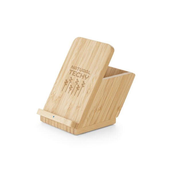 LEAVITT. Smartphone holder and ballpoint holder with 10W fast wireless charger in bamboo