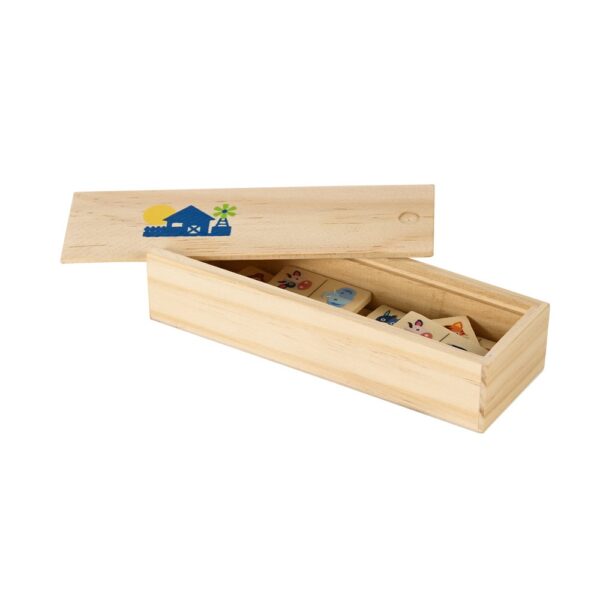 DOMIN. Kids wooden domino game. 28 pieces featuring fun animal figures