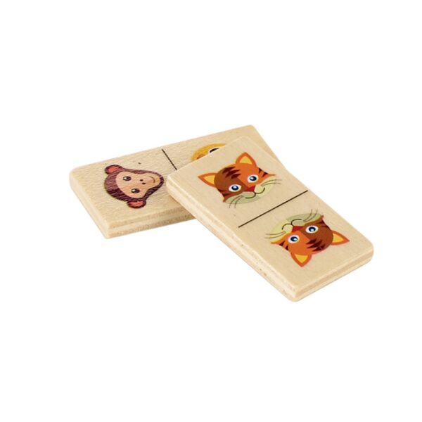 DOMIN. Kids wooden domino game. 28 pieces featuring fun animal figures